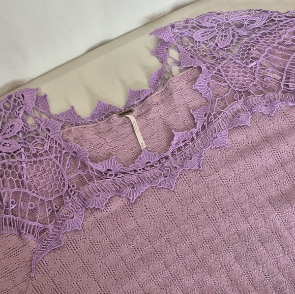Free People Lavender Love Lace Crochet Peasant Sweater Top Shirred Waist- Size M - Picture 10 of 14